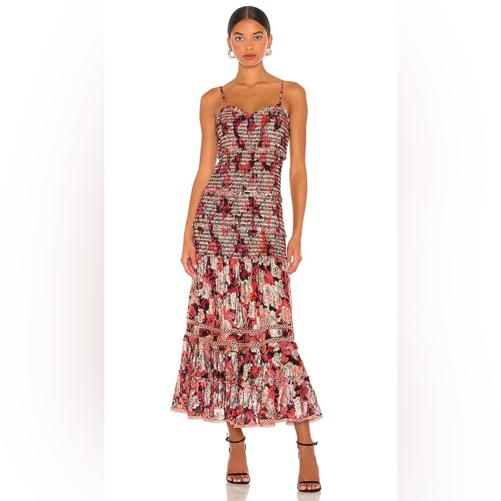 Hemant & Nandita Smocked Floral Metallic Tiered Maxi Dress Anthropologie REVOLVE